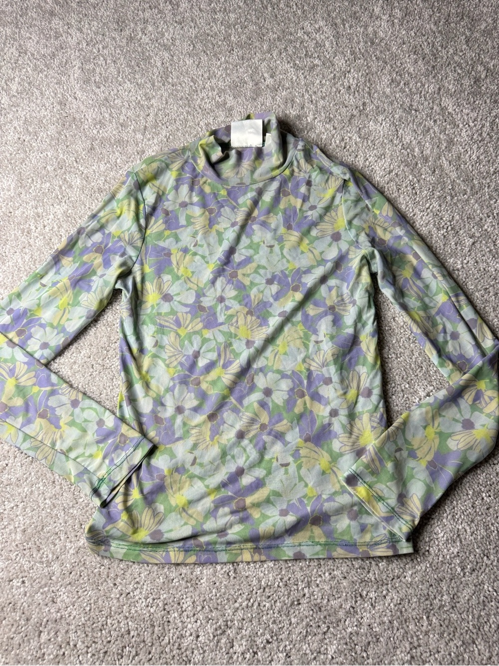 Maeve Pastel Floral Mock-Neck Long Sleeve Top in Green, Lavender & Yellow